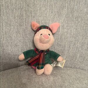 Disney Christmas Piglet Plush Toy with Green Outfit and Plaid Scarf
